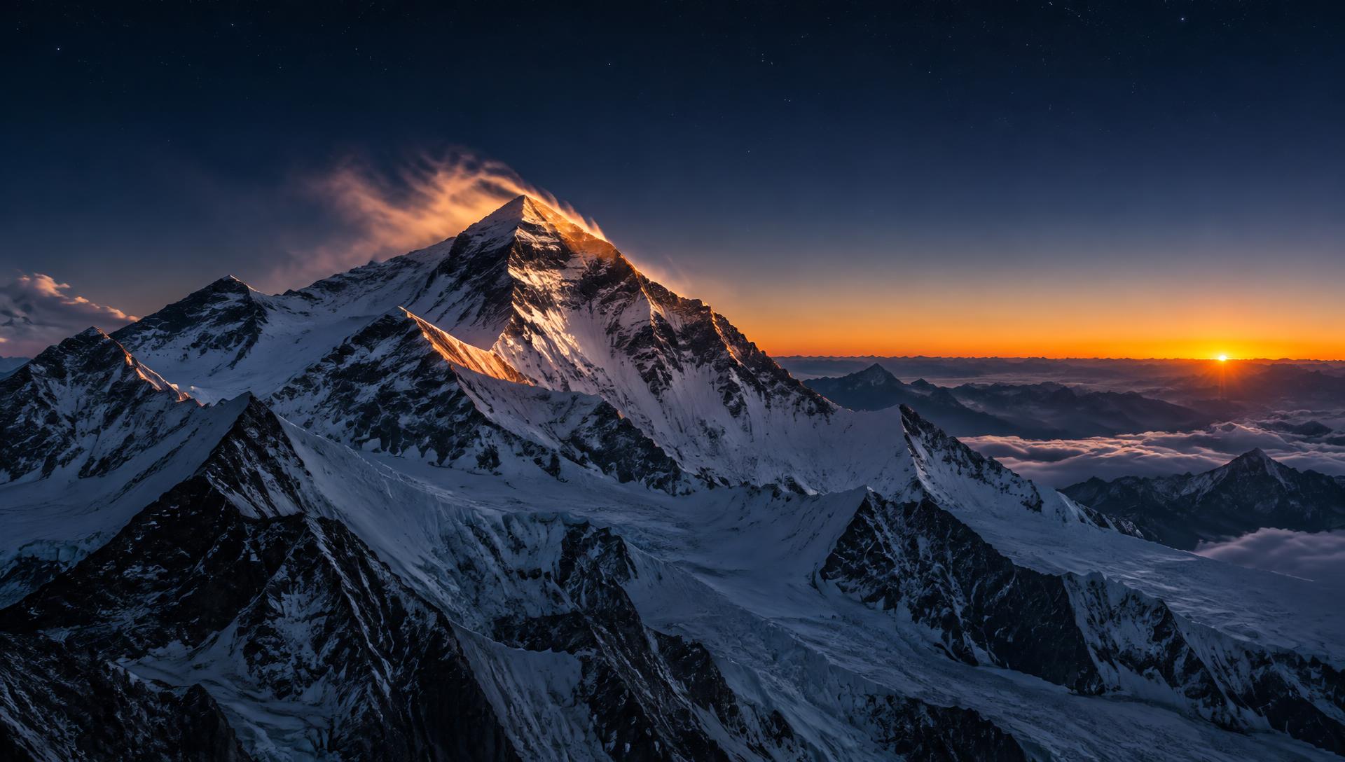 Mount Everest at twilight with a glowing sunrise
